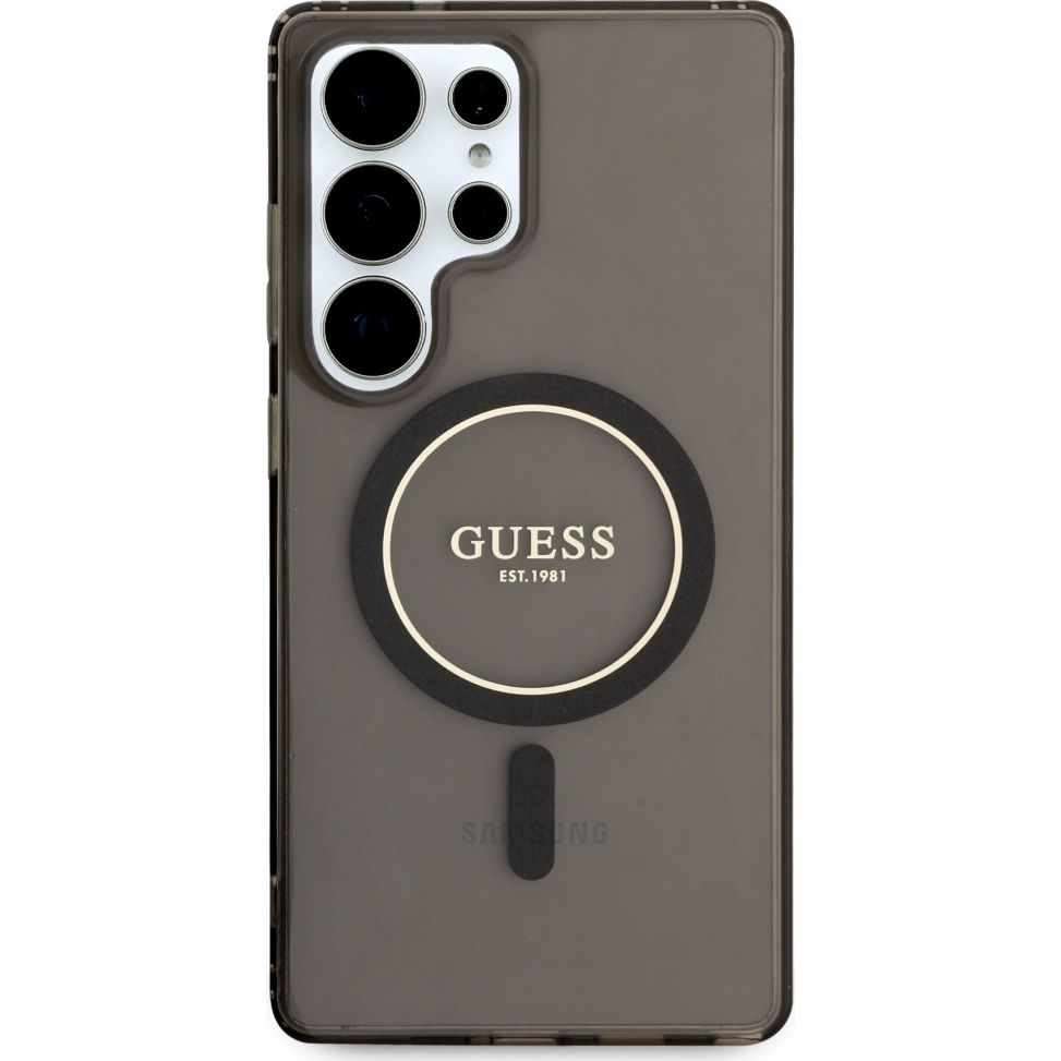 Etui Guess Glitter Circle Classic Logo do MagSafe do Samsung Galaxy S25 Ultra, czarne